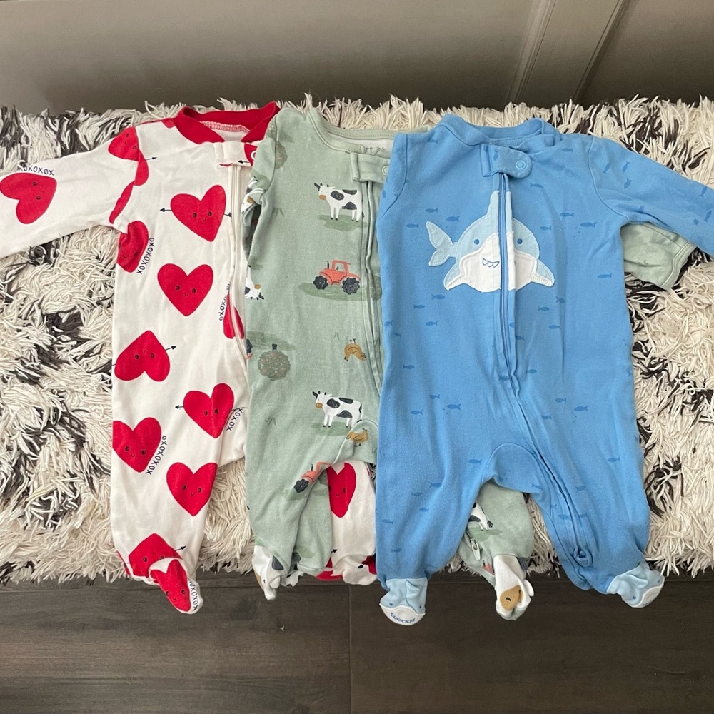Carter’s Sleep & Play, 3 mos, heart, farm and shark prints.